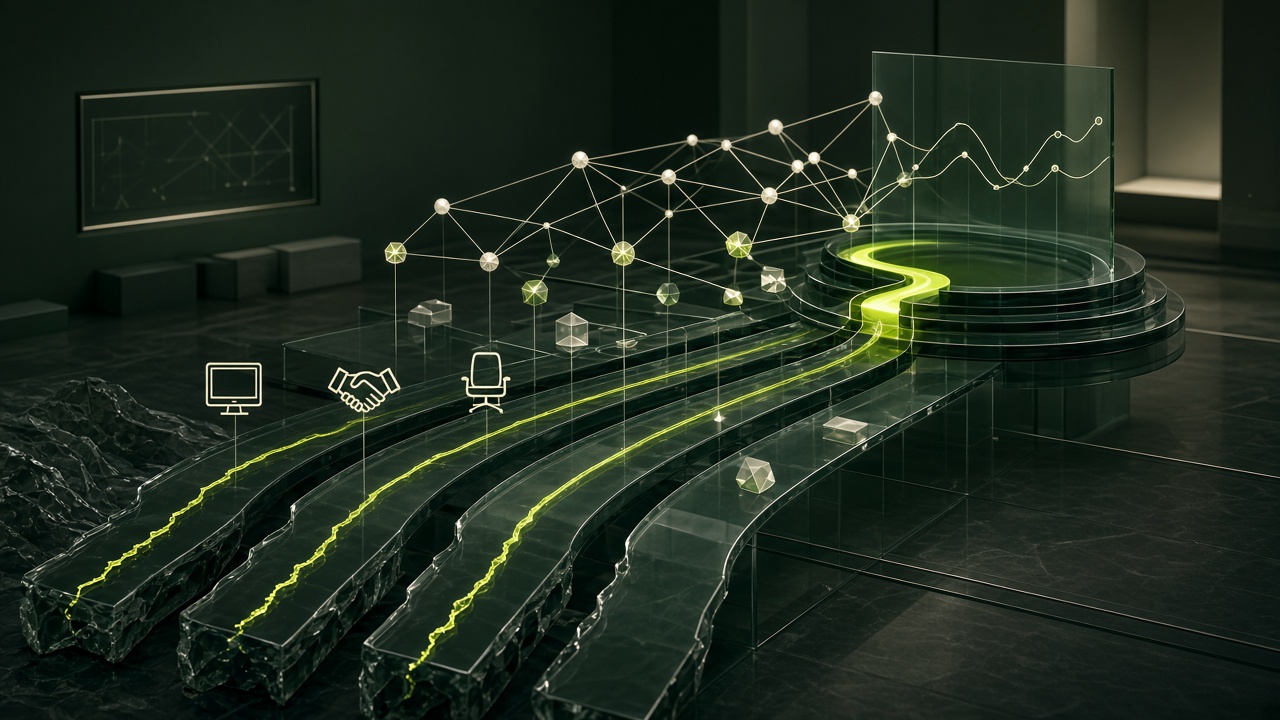Trois parcours de verre convergeant en architecture lumineuse du ressenti