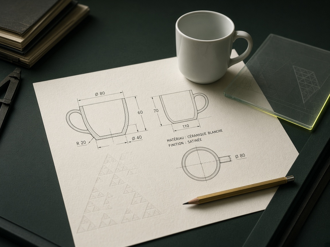 Table de dessin d’atelier : plan technique d’une tasse, lumière sauge et trait néon discret