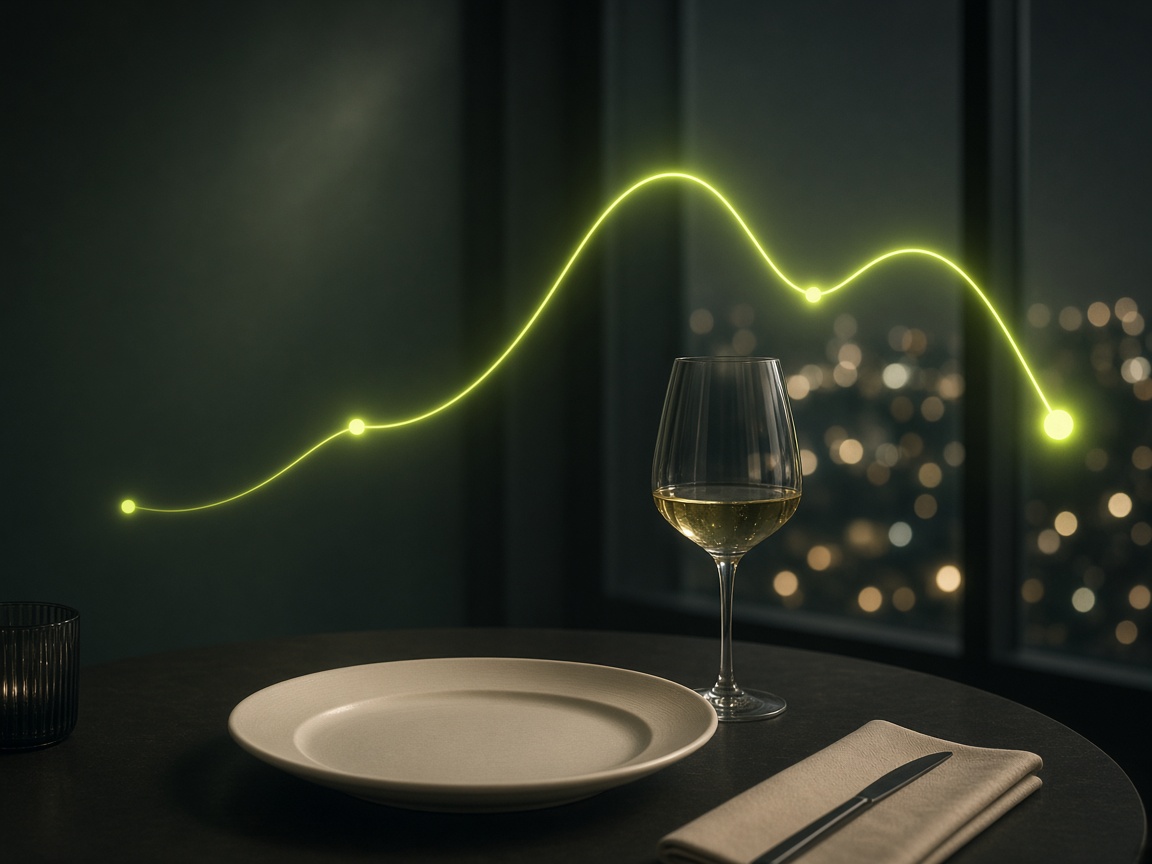 Table de restaurant baignée de lumière sauge, courbe d’émotion lumineuse en trait chartreuse