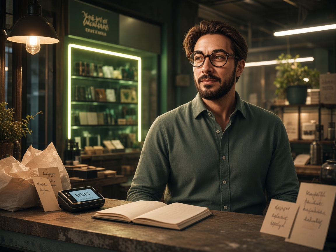 Comptoir de commerce de proximité, vitrine et geste de vente soigné